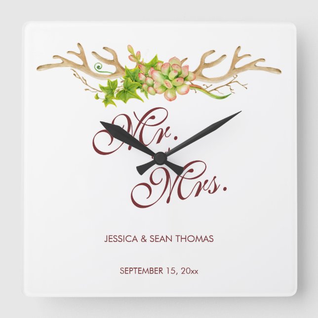 Relógio Quadrado Memória de Casamento com Galhadas Rústicas e Flore (Frente)