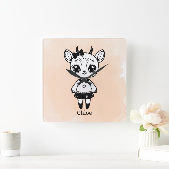 Relógio Quadrado Menina Adorável Antilope - Desenho Fofo Garatuja (Lar)