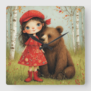Relógio Quadrado Menina Adorável e Urso em Floresta Caprichosa