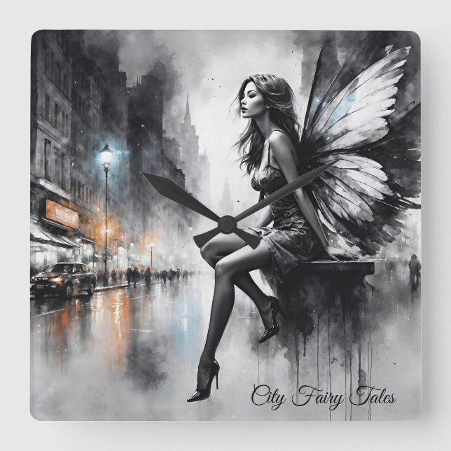 Relógio Quadrado Menina alada mística, negra e branca, urbana (Frente)