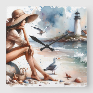 Relógio Quadrado Menina da Praia Costeira & Farol