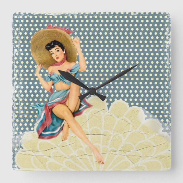 Relógio Quadrado Menina de Pinup Chic Retro (Frente)