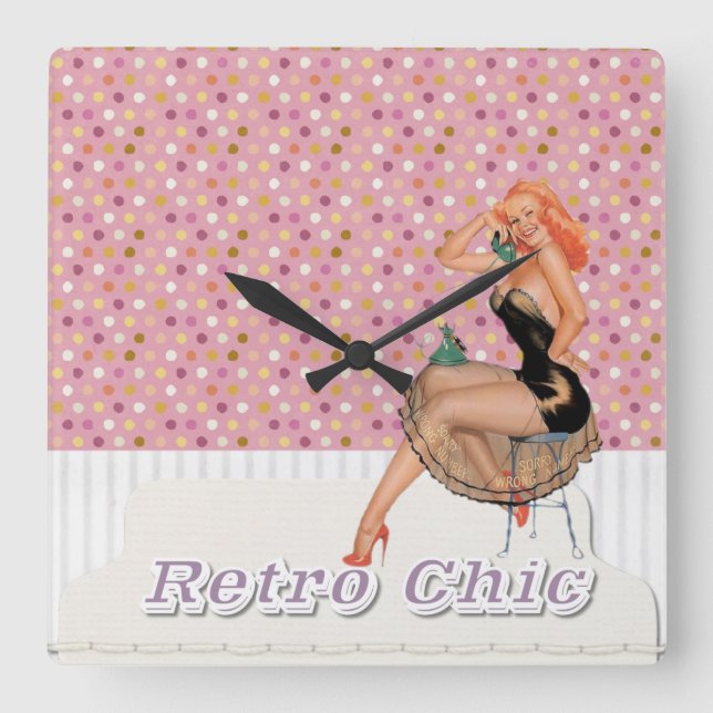Relógio Quadrado Menina de Pinup Chic Retro (Frente)