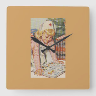 Relógio Quadrado Menina que joga a enfermeira - retro