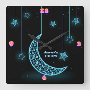 Relógio Quadrado Meninas Lua Stars Neon Estilo de Luz Personalizado