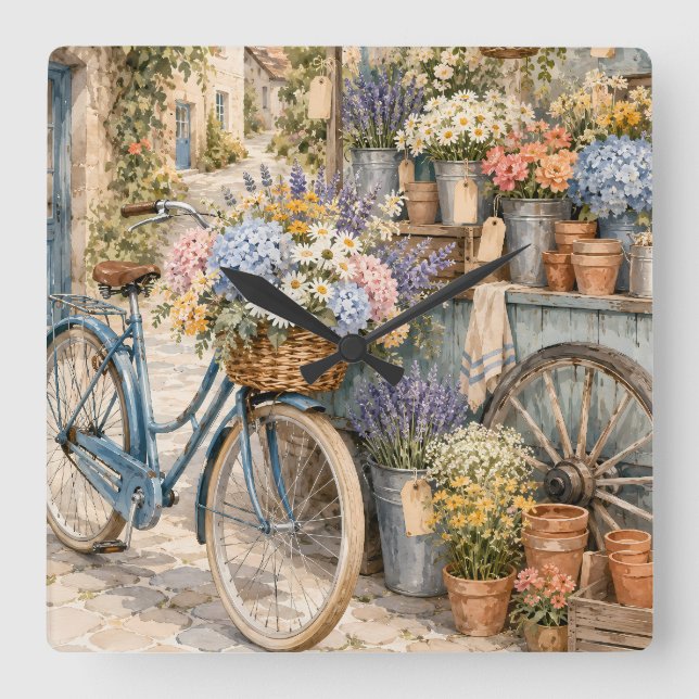 Relógio Quadrado Mercado de Flores Bloomcore Bicicleta (Frente)