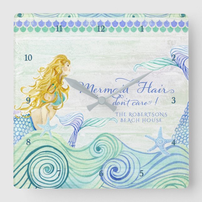 Relógio Quadrado Mermaid Hair Beach House Personalized Watercolor (Frente)