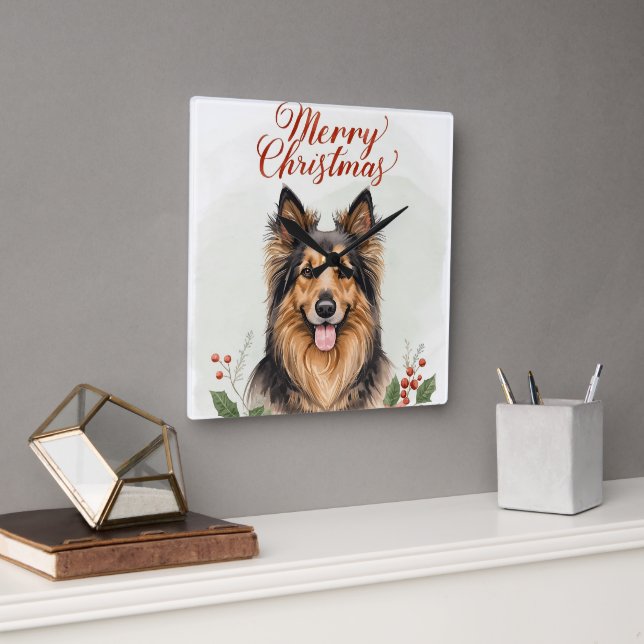 Relógio Quadrado Merry Christmas Dog Festive Winter Home Wall Clock (Escritório)