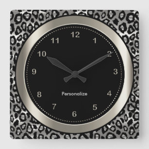 Relógio Quadrado Metallic Silver and Black Leopard Print