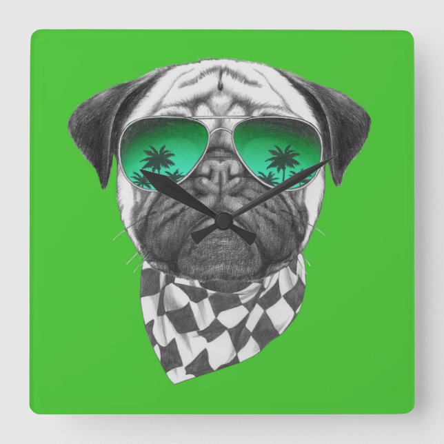 Relógio Quadrado Miami Pug (Frente)