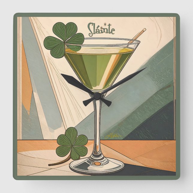 Relógio Quadrado Mid Century Modern Art Shamrock Martini Sláinte!  (Frente)