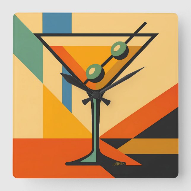 Relógio Quadrado Mid Century Modern Sunrise Bauhaus Martini (Frente)