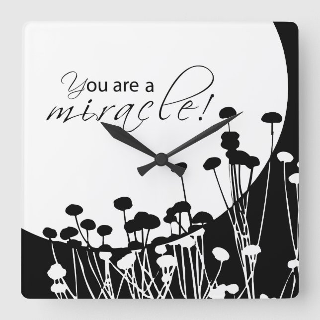 Relógio Quadrado Milagre de recuperação, preto e branco (Frente)