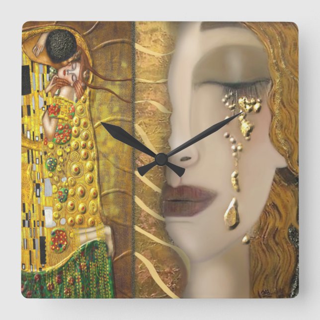 Relógio Quadrado Minha Série Klimt:Dourado (Frente)