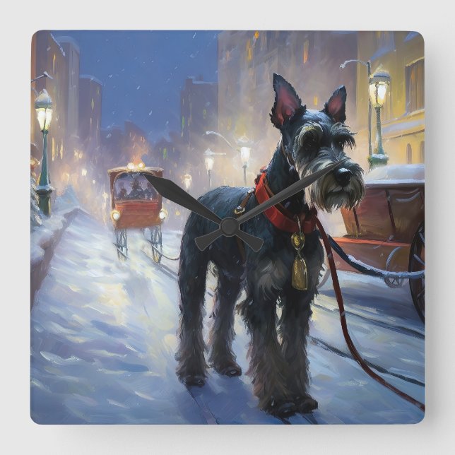 Relógio Quadrado Miniatura Schnauzer Fesason de Natal (Frente)