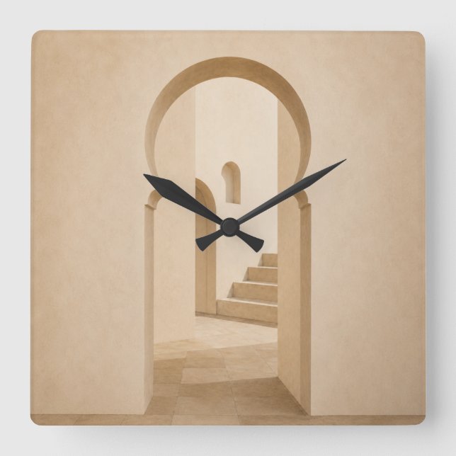 Relógio Quadrado Minimalist Moroccan Arch Wall Clock | Neutral Riad (Frente)
