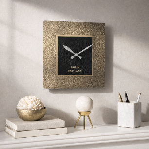 Relógio Quadrado Minimalista Couro Dourado e Preto