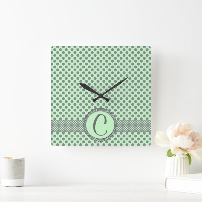Relógio Quadrado Mint Green com Bolinhas-Monograma de Cinzas (Lar)