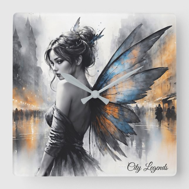 Relógio Quadrado Misteriosa fada negra cidade brilhando asas etérea (Frente)