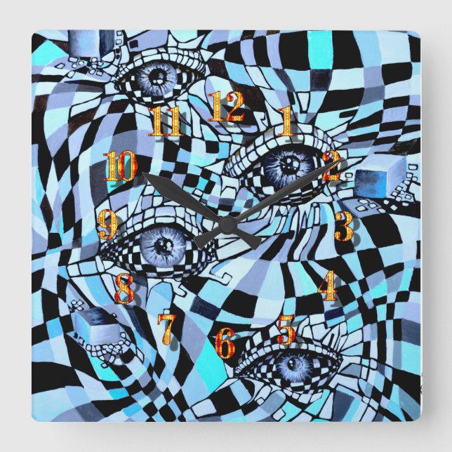 Relógio Quadrado Misterioso Posto Moderno Todos Vendo Aquarela (Frente)