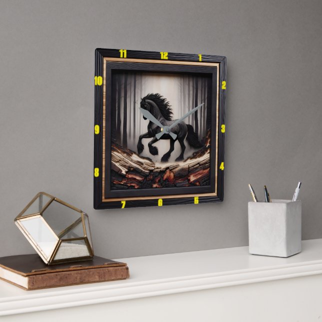 Relógio Quadrado Misty Gallop: Madeira Charred Friesiana Personaliz (Escritório)