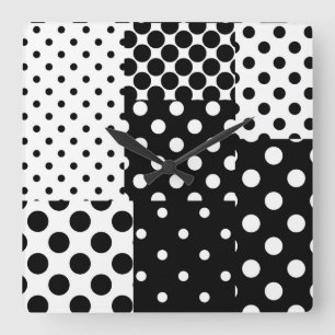 Relógio Quadrado Moda Preto e Branco Pontos Polka Estilo Design