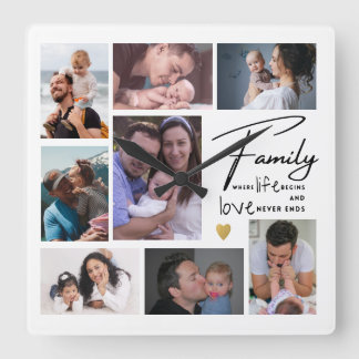 Relógio Quadrado Modern 8 Photo Collage Family Quote Black & White