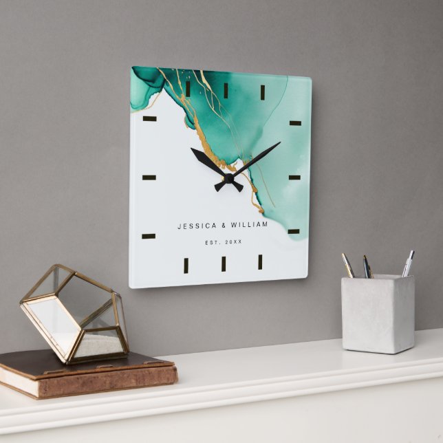 Relógio Quadrado Modern Emerald Beach Weding Anniversário Keepsakel (Escritório)