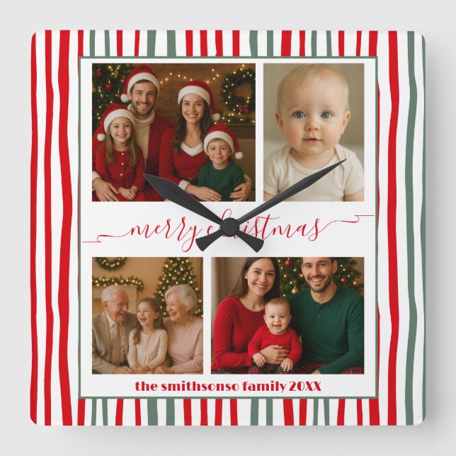 Relógio Quadrado Modern Minimal 4 Photo merry Christmas (Frente)