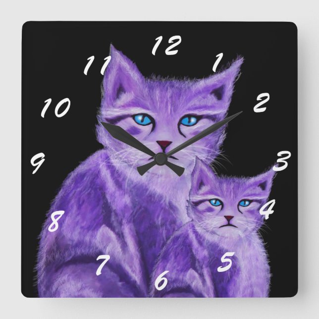 Relógio Quadrado Modern purple painted cat with blue eyes (Frente)