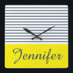 Relógio Quadrado Modern striped pattern<br><div class="desc">Modern white,  blue and yellow striped pattern with custom name</div>