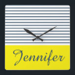 Relógio Quadrado Modern striped pattern<br><div class="desc">Modern white,  blue and yellow striped pattern with custom name</div>