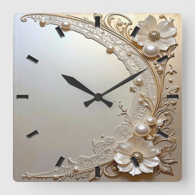 Relógio Quadrado Modern White Flowers Pearls Wall Clock (Frente)