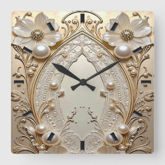 Relógio Quadrado Modern White Flowers Pearls Wall Clock
