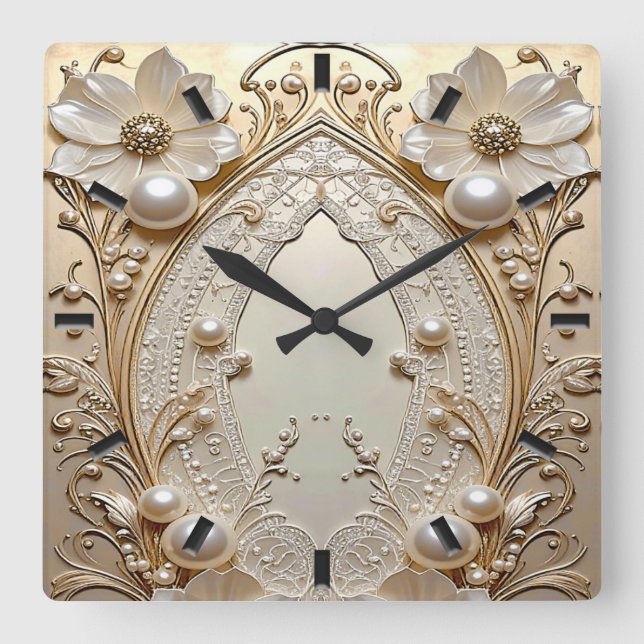 Relógio Quadrado Modern White Flowers Pearls Wall Clock (Frente)