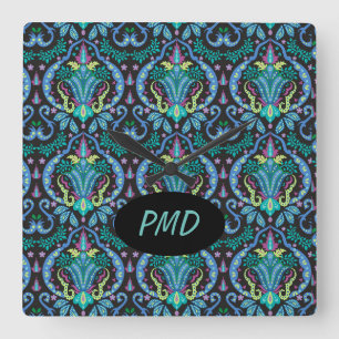 Relógio Quadrado Moderno Damask Art Deco Black Turquoise Blue Name