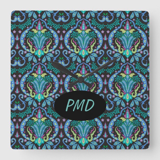 Relógio Quadrado Moderno Damask Art Deco Black Turquoise Blue Name (Frente)