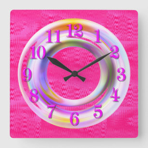 Relógio Quadrado Moderno, Rosa Metálico, Neon, Único, Personalizado