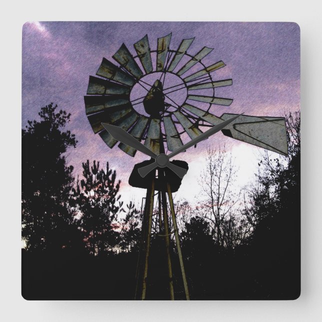 Relógio Quadrado Moinho de vento velho esboçado rústico (Frente)