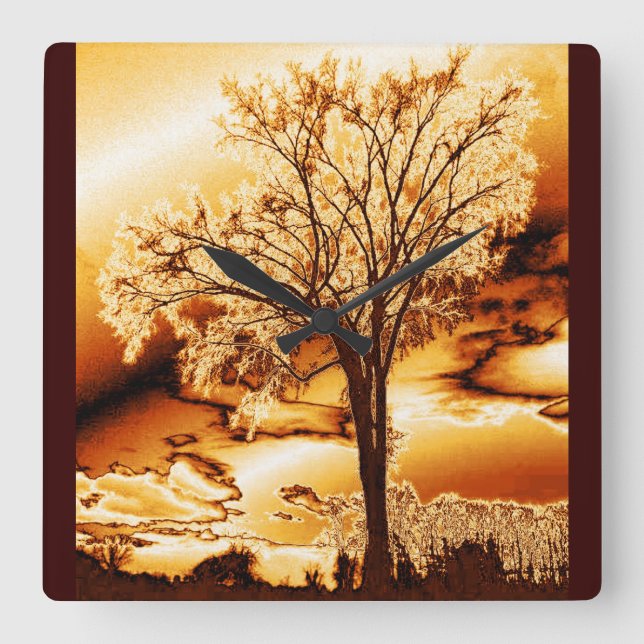 Relógio Quadrado Molde Dourada árvore de muro de vida (Frente)