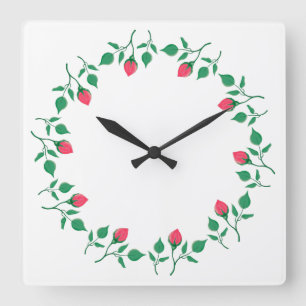Relógio Quadrado Moldura redonda floreada com flores rosa cor-de-ro