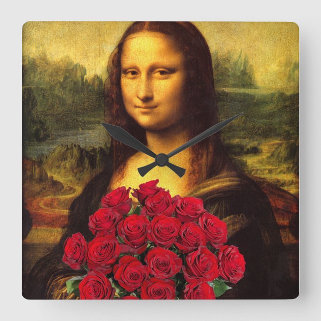 Relógio Quadrado Mona Lisa Com Buquê De Rosa vermelha (Frente)