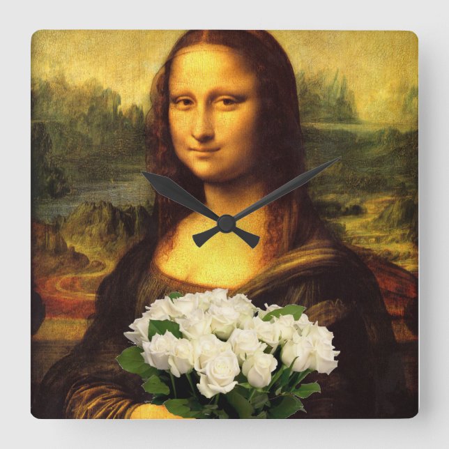 Relógio Quadrado Mona Lisa Com Buquê De Rosas Brancas (Frente)