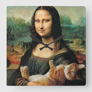 Relógio Quadrado Mona Lisa e o gato Leonardo da Vinci
