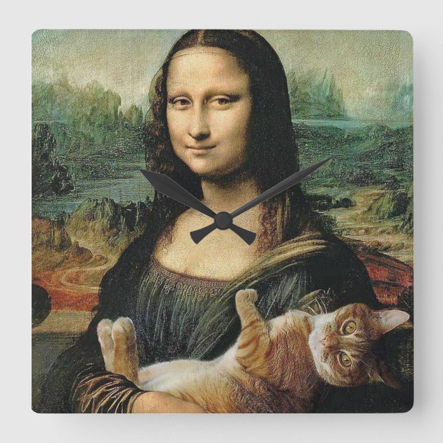 Relógio Quadrado Mona Lisa e o gato Leonardo da Vinci (Frente)