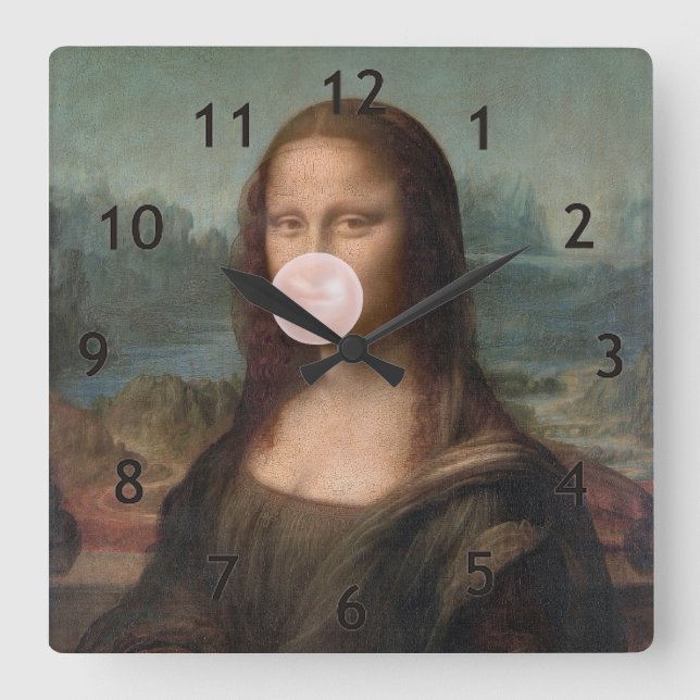 Relógio Quadrado Mona Lisa soprando pastilha elástica rosa (Frente)