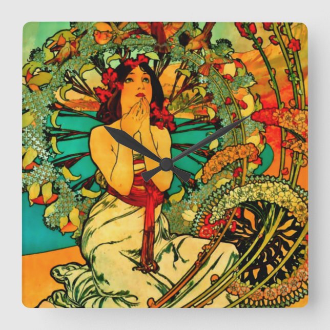 Relógio Quadrado Mônaco Monte Carlo Poster por Alphonse Mucha (Frente)