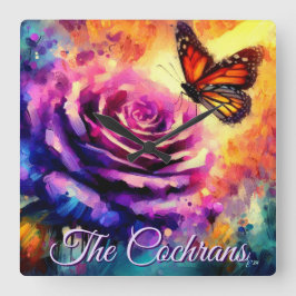 Relógio Quadrado Monarch Butterfly on Rose at Sunset Personalized