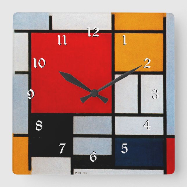 Relógio Quadrado Mondrian - Composição com Plano Vermelho Grande (Frente)