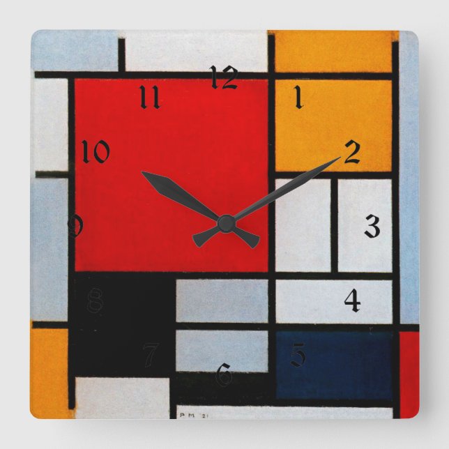 Relógio Quadrado Mondrian - Composição com Plano Vermelho Grande (Frente)
